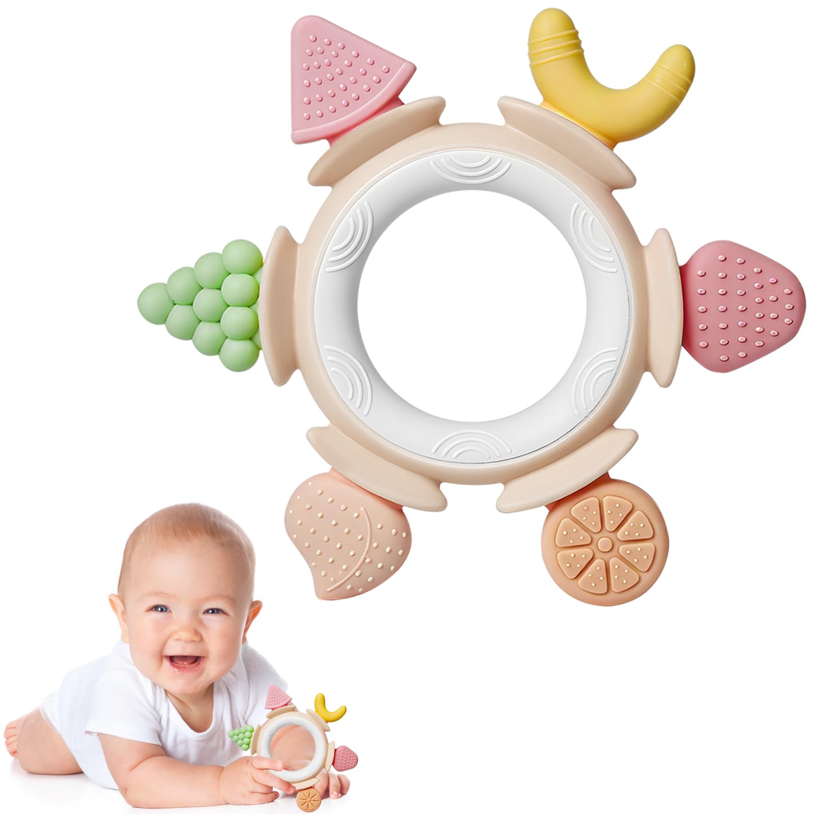 Hooku silicone teether fruit shapes in hand promote curious exploration and soothing relief.