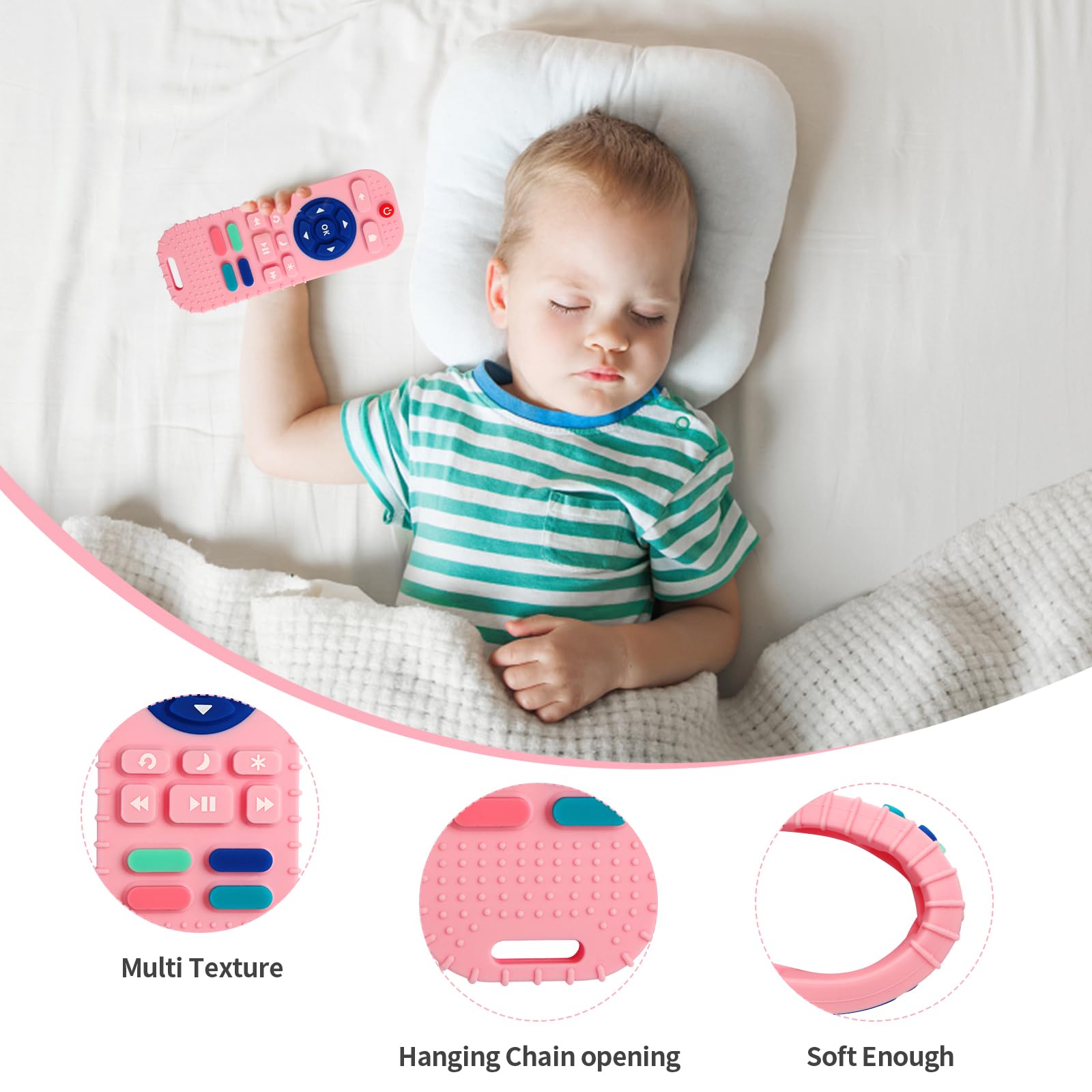Hooku teether shows textured bumps for gum massage and exploration