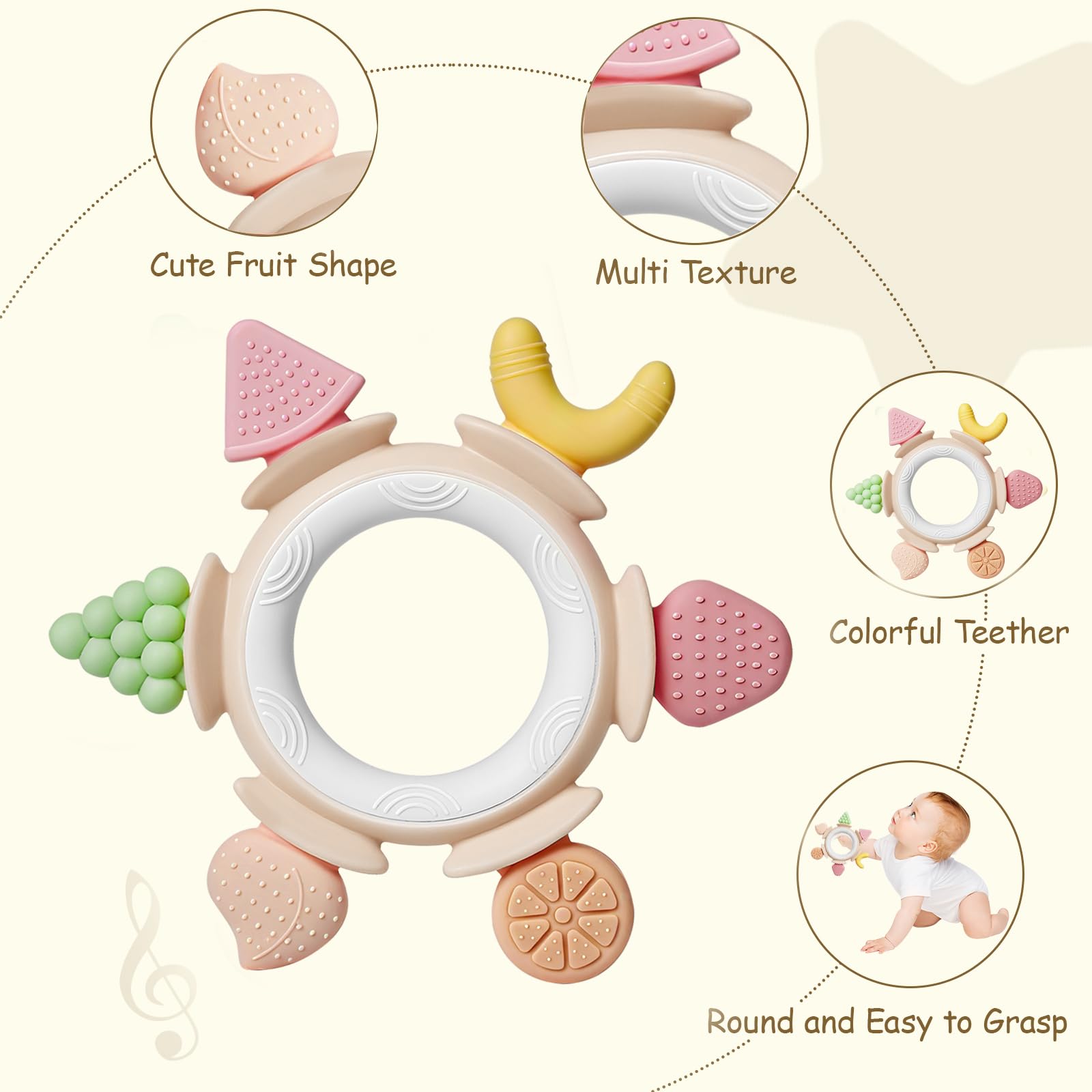 Hooku silicone teether textures closeup enhances gum massage during teething.