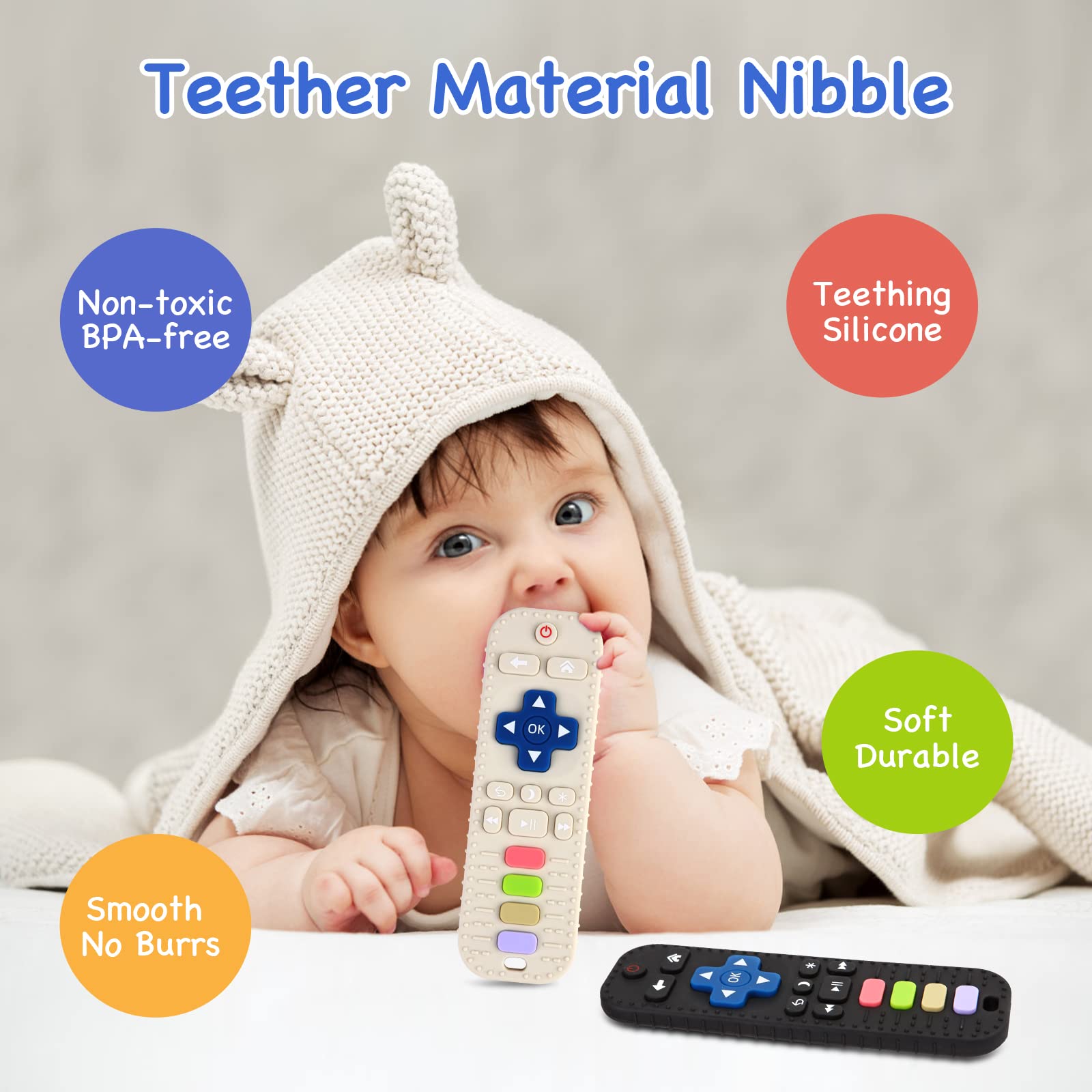 Hooku silicone teether textures with massage particles for gum relief and exploration.