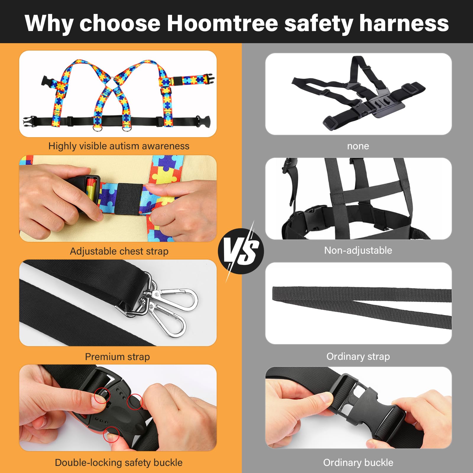 HOOMTREE safety harness in-use at park demonstrates freedom with safety tether.