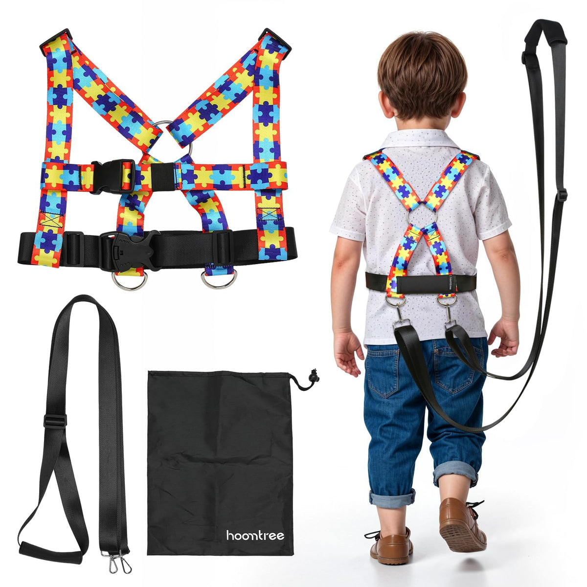 HOOMTREE Safety Harness Leash front view shows adjustable straps for a secure growing fit.