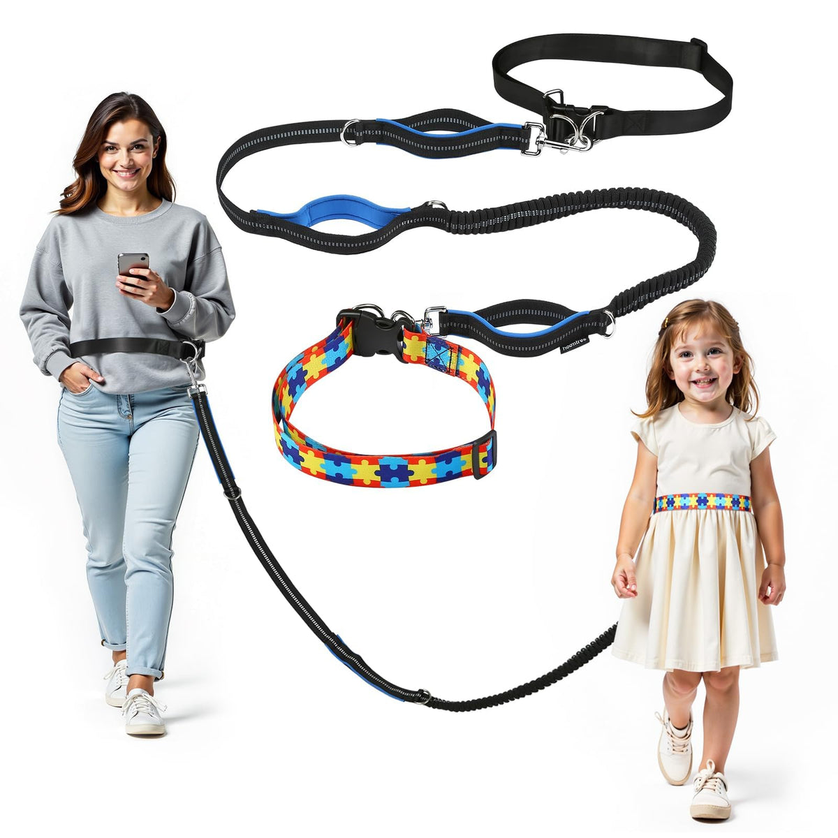 HOOMTREE safety waist leash belt worn by child during outdoor walk for supervision.