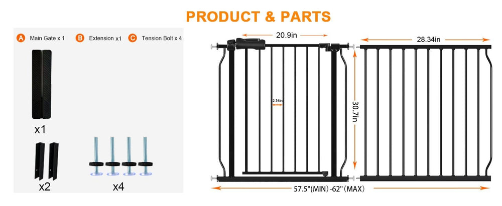 HOOOEN extra-wide gate stretched to 57-62 inches for doorways and halls.