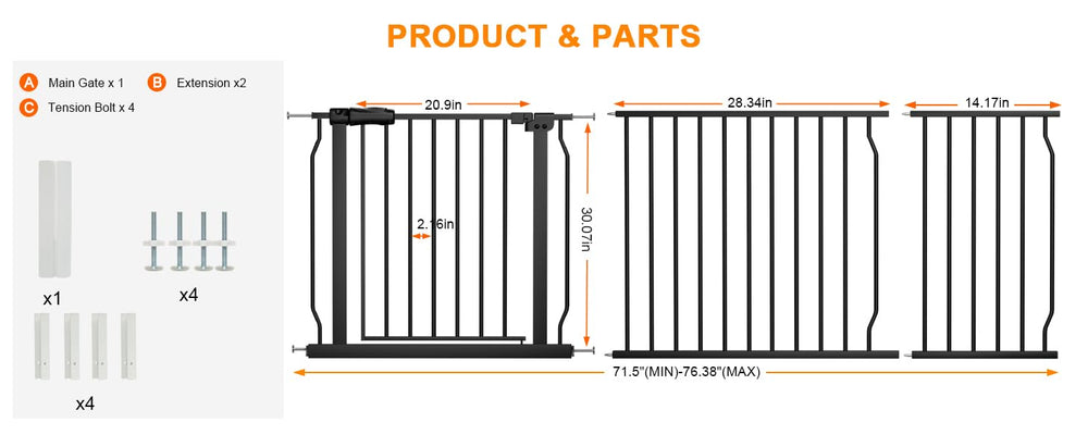 HOOOEN baby gate installation with 4 adjustable pressure bolts for quick, tool-free setup.