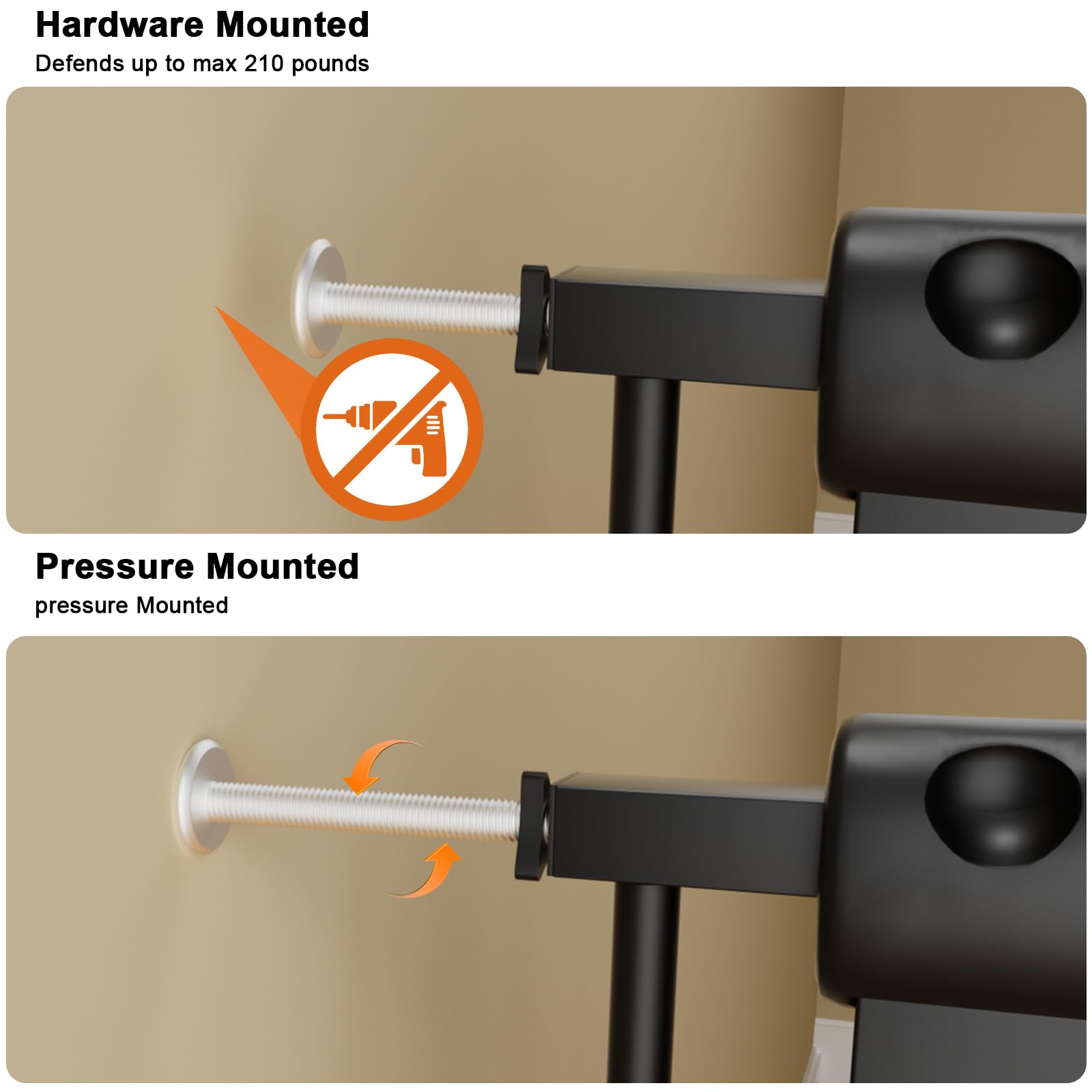 HOOOEN baby gate installation on stairs illustrating tool-free pressure mounting