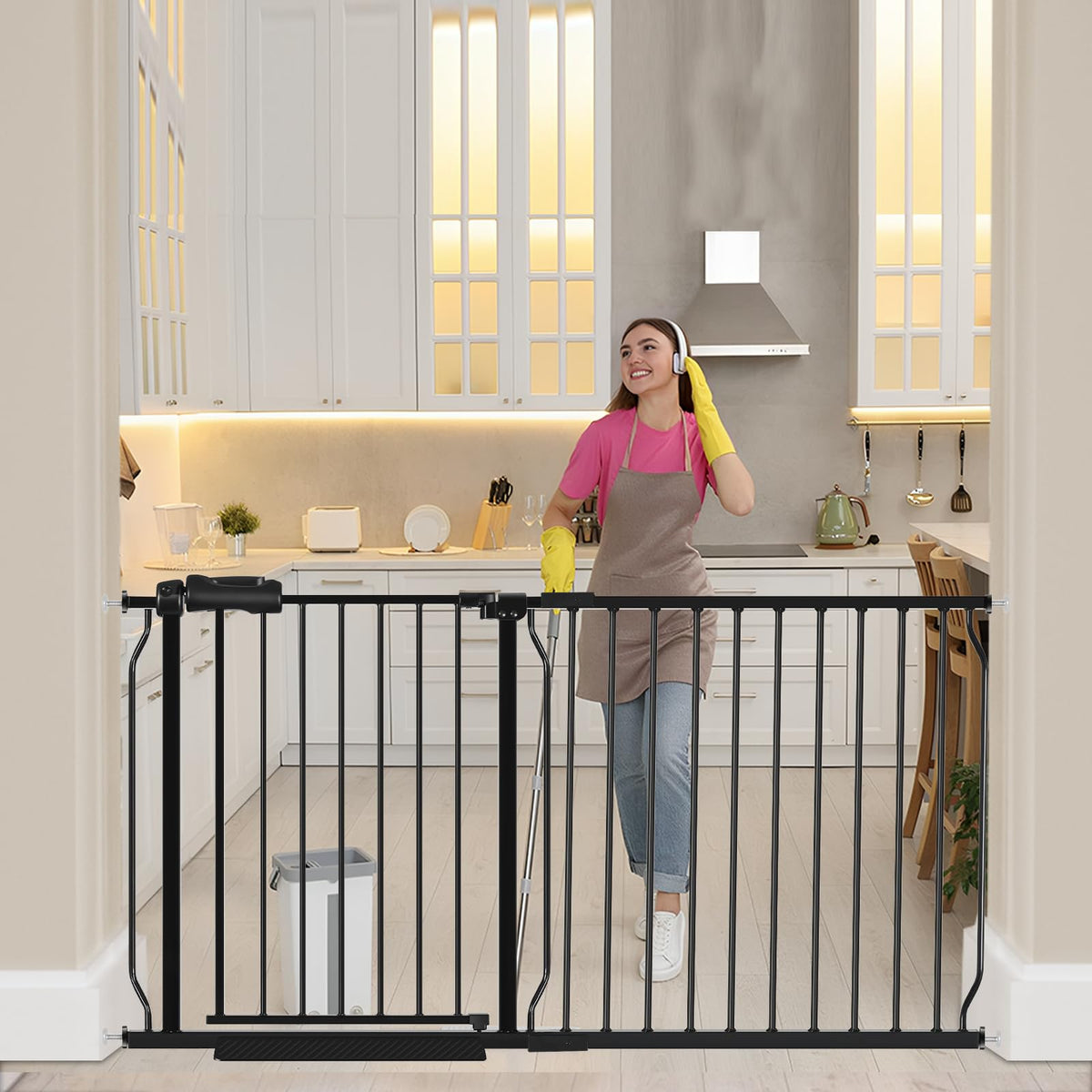 HOOOEN baby gate on stairs with 30-inch height for safe kid and pet separation.