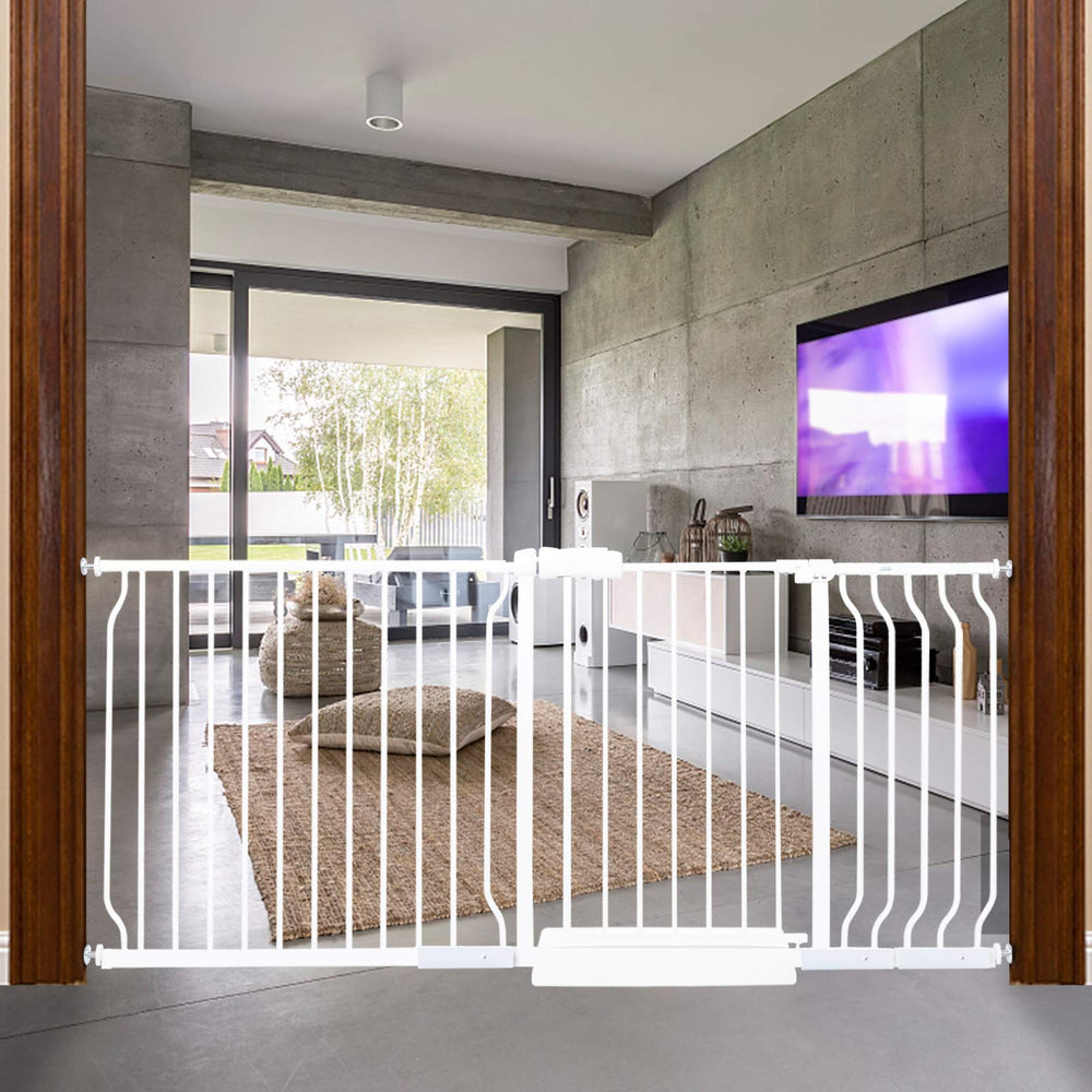 HOOOEN extra wide baby gate extended-width setup in doorway for easy passage.
