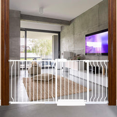 HOOOEN extra wide baby gate extended-width setup in doorway for easy passage.