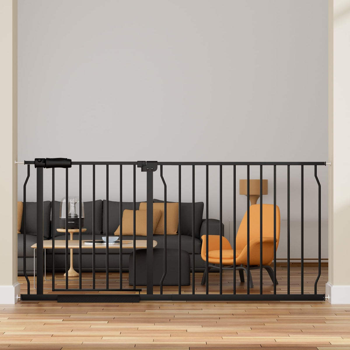 HOOOEN extra-wide baby gate front view showing adjustable width and clean finish for wide openings