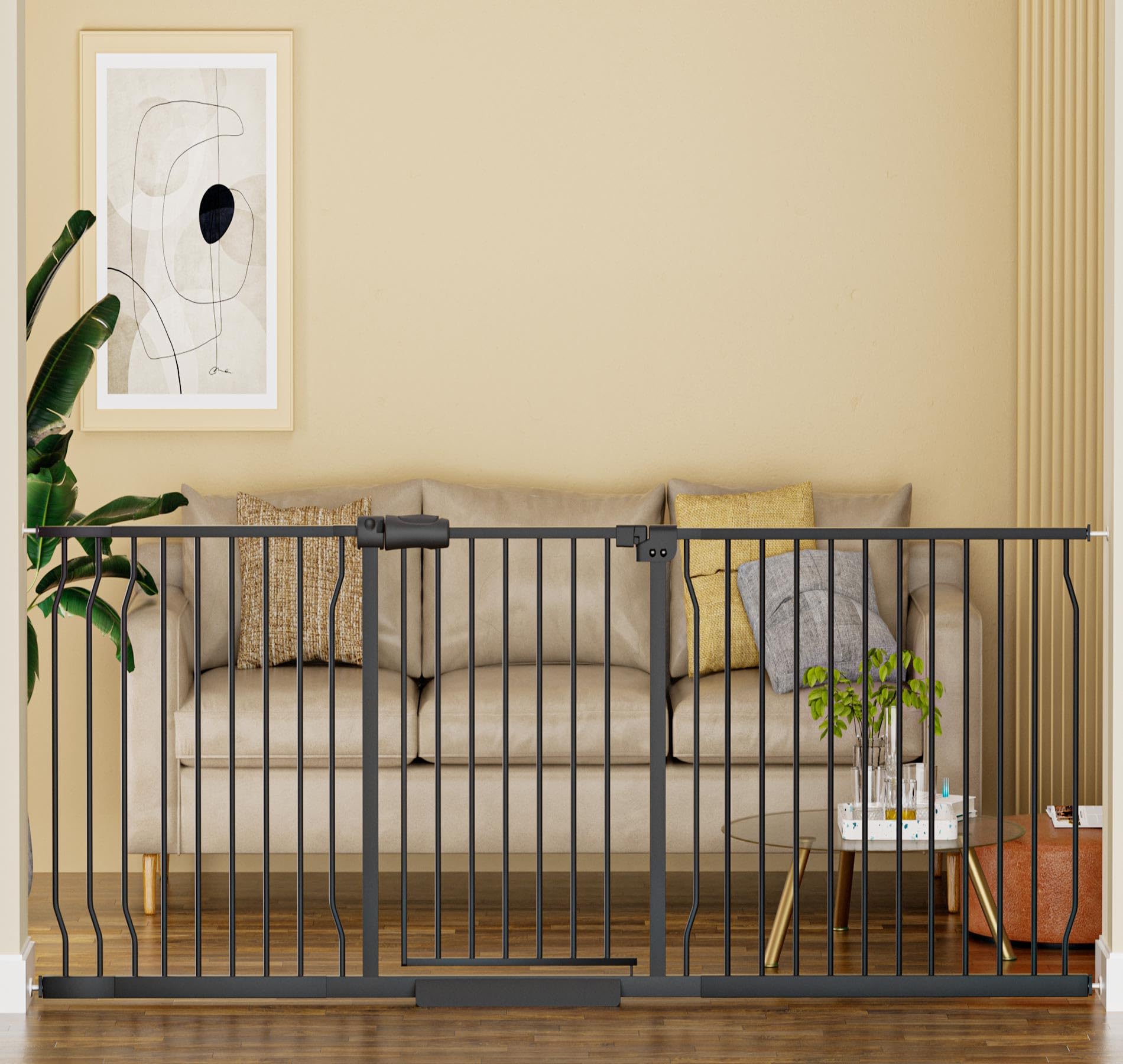 HOOOEN extra-wide baby gate installed at stairs for safe wide openings