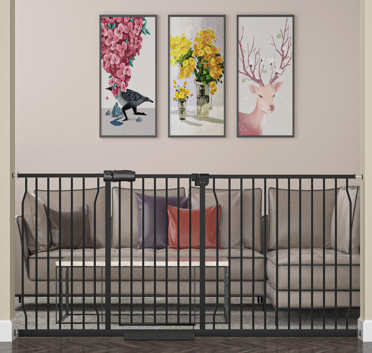 HOOOEN extra-wide baby gate with a wide opening for easy parent-and-baby passage.