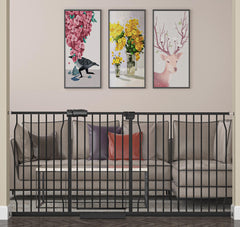HOOOEN extra-wide baby gate with a wide opening for easy parent-and-baby passage.
