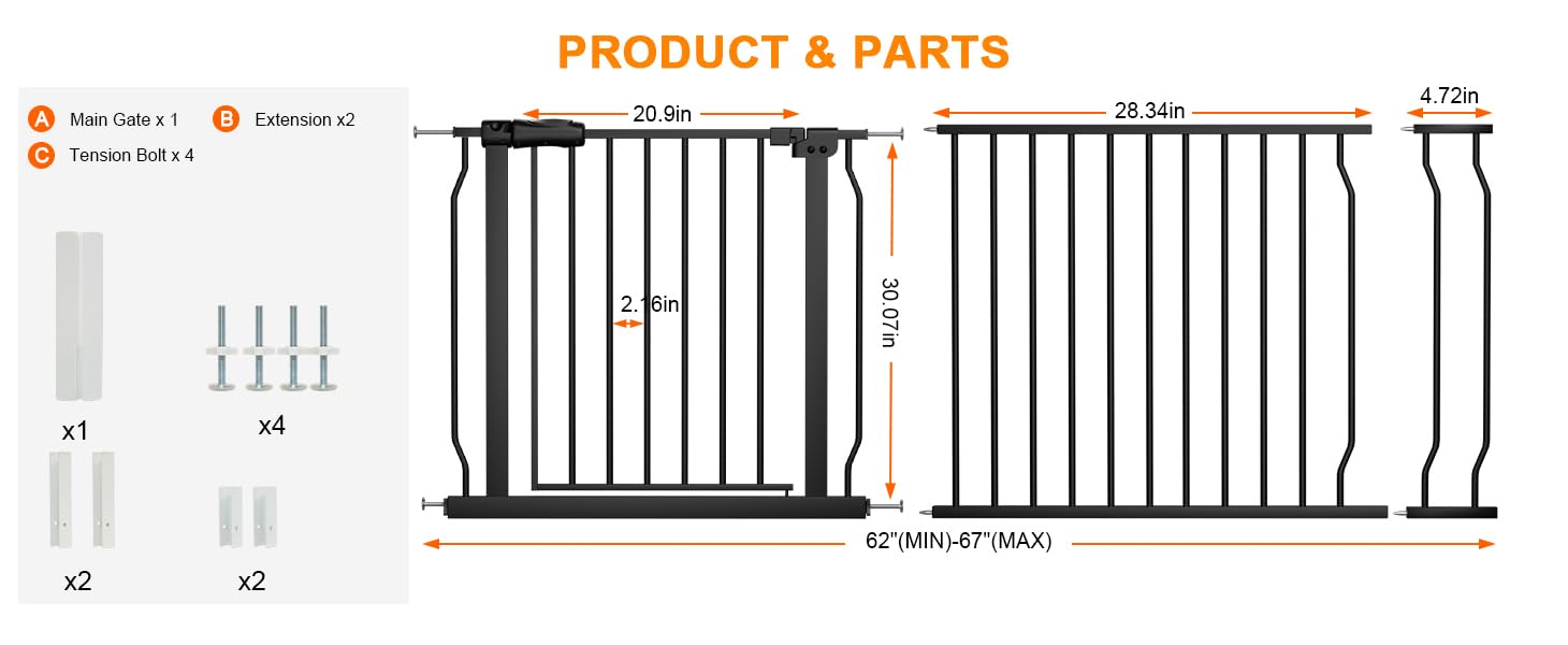 HOOOEN gate installation shows tool-free setup with pressure bolts for quick, wall-safe mounting.