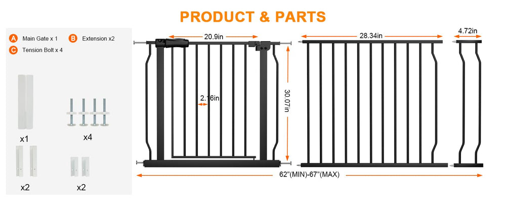 HOOOEN gate installation shows tool-free setup with pressure bolts for quick, wall-safe mounting.