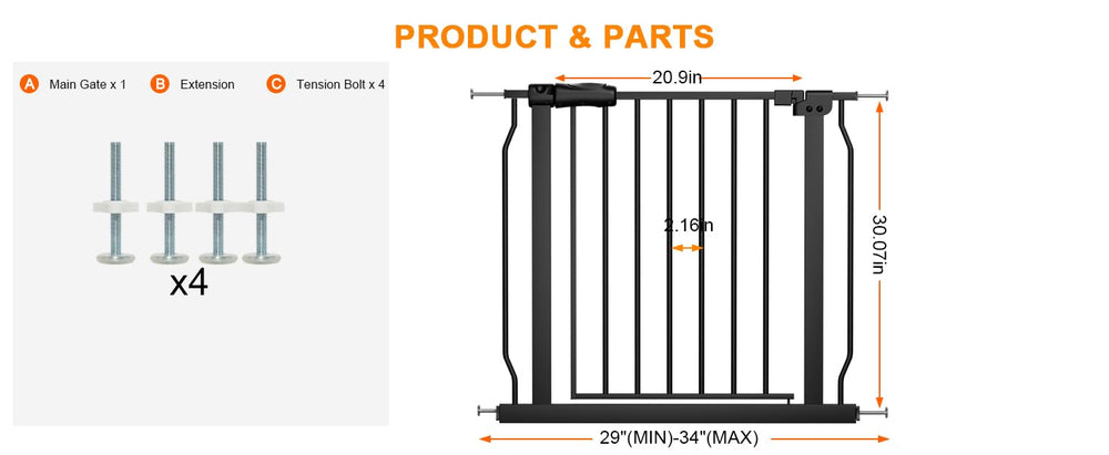 HOOOEN narrow baby gate shows 19.6 inch swing door for easy passage.
