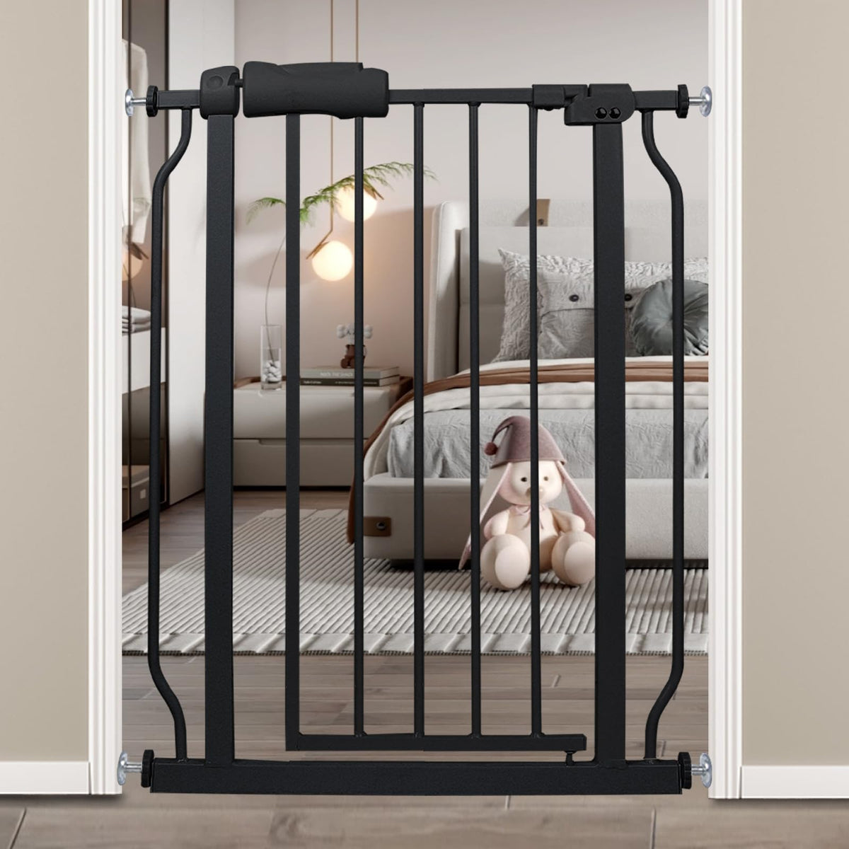 HOOOEN narrow baby gate on stairs with adjustable width for a snug fit