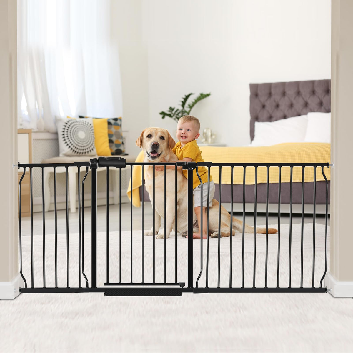 HOOOEN 30-inch tall baby gate in doorway protects stair entry for kids and pets.