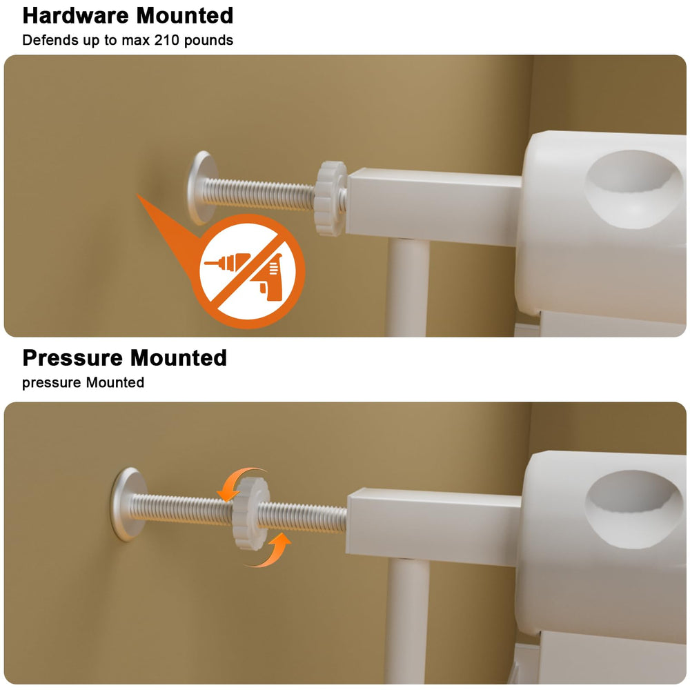 HOOOEN wide baby gate auto-close hinge shows secure one-handed operation.