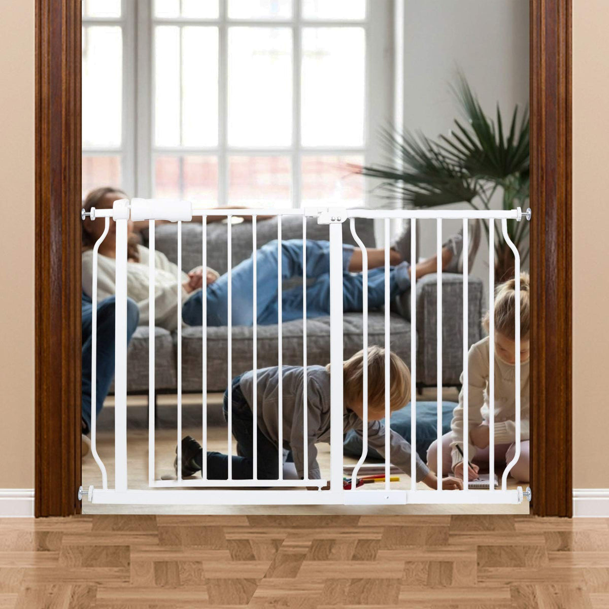 HOOOEN wide baby gate in doorway with easy walk-through for parents and baby.
