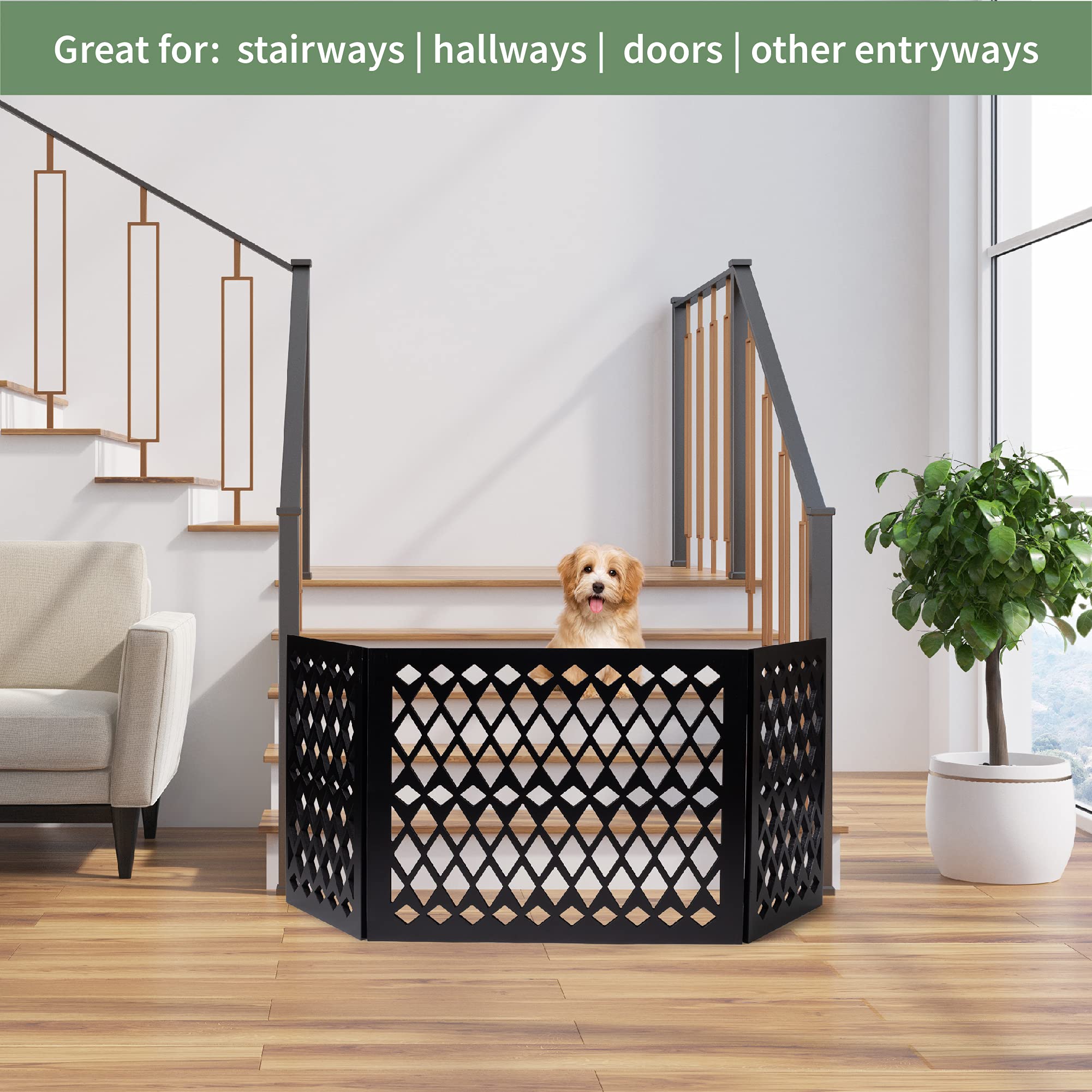 Hoovy free-standing pet gate on stairs demonstrates versatile barrier for small pets.