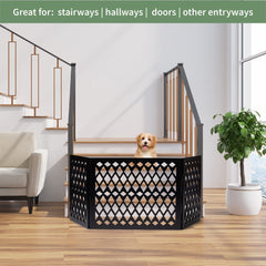 Hoovy free-standing pet gate on stairs demonstrates versatile barrier for small pets.