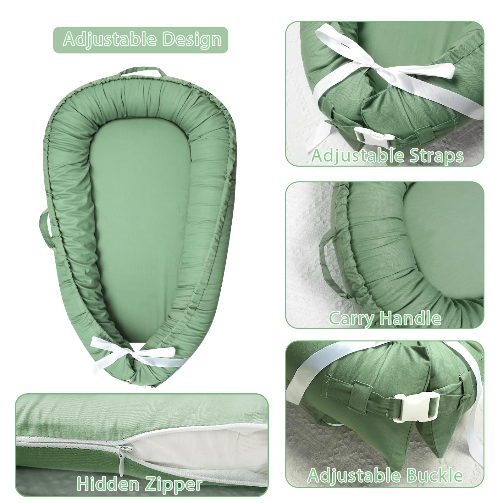 Hooyax baby lounger cover with adjustable buckle supports a snug, customizable fit.
