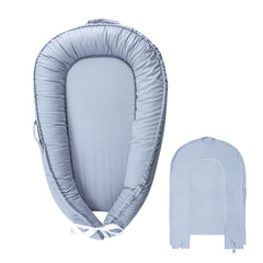 Hooyax baby lounger cover blue fabric closeup, showcasing soft cotton for gentle newborn comfort.