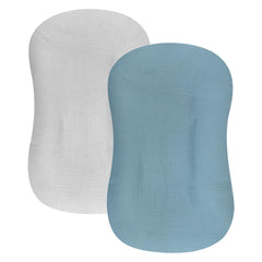 Hooyax baby lounger cover blue grey front view – breathable muslin for newborn comfort