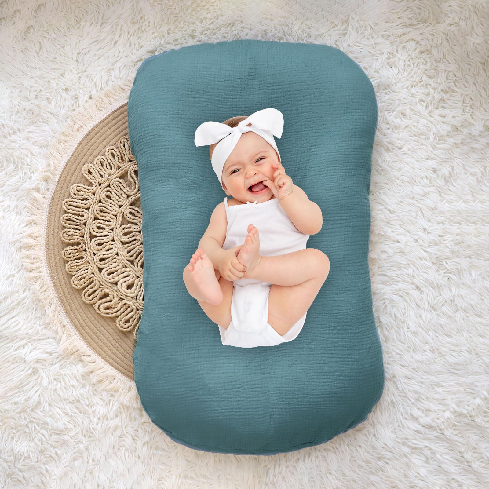 Hooyax baby lounger cover blue grey stitching details