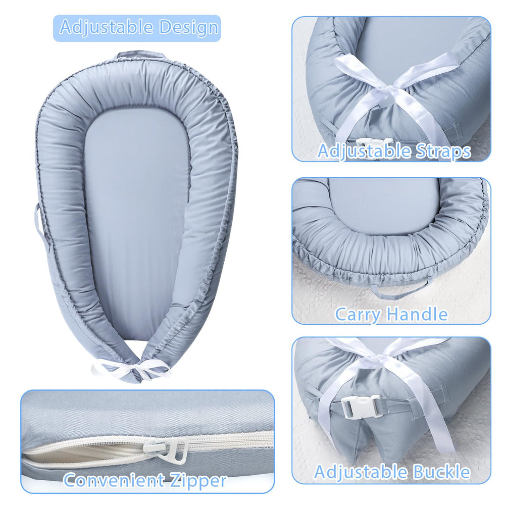 Hooyax baby lounger cover blue handles highlight portability during travel and caretaking.