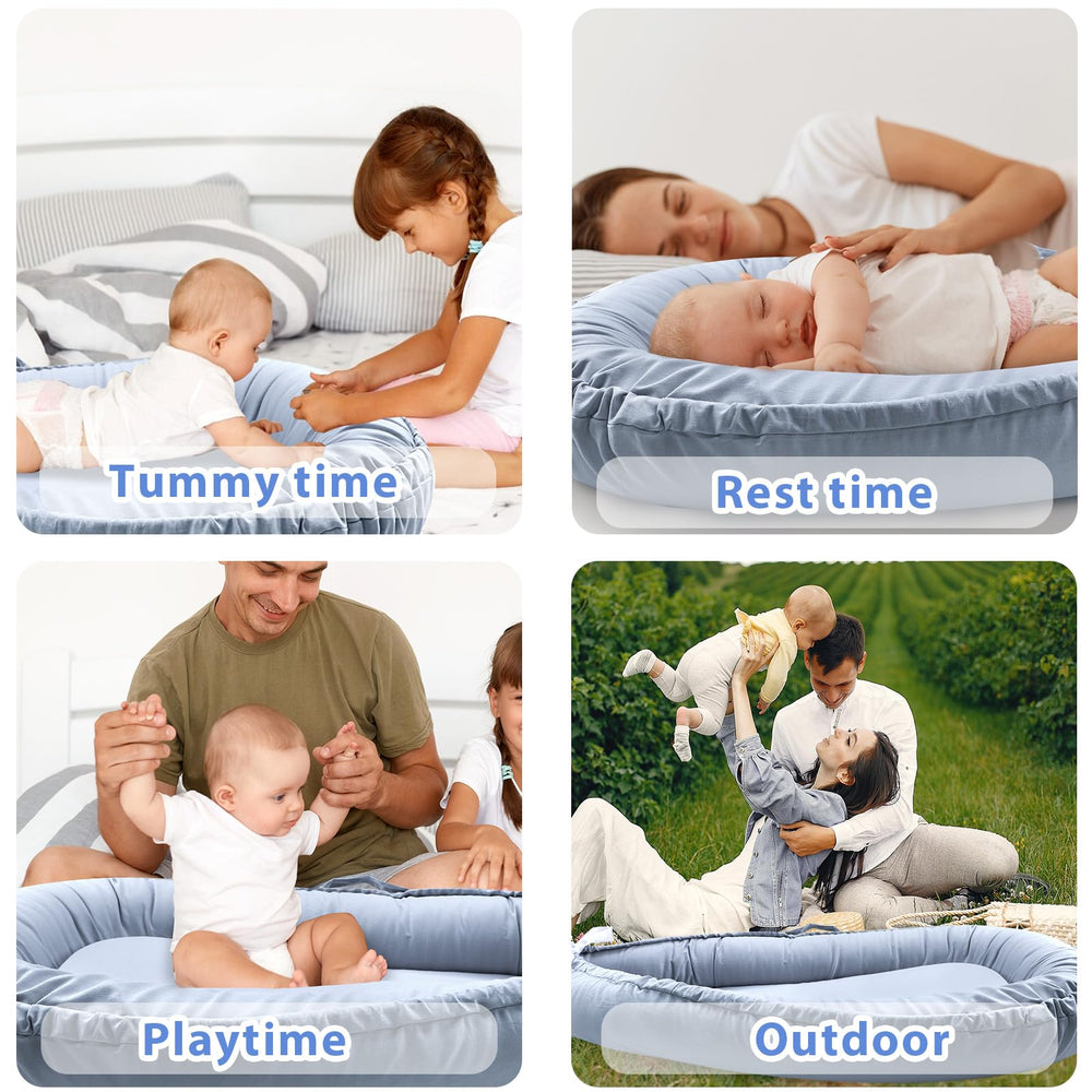 Hooyax baby lounger cover blue soft cotton texture emphasizes comfort and care.