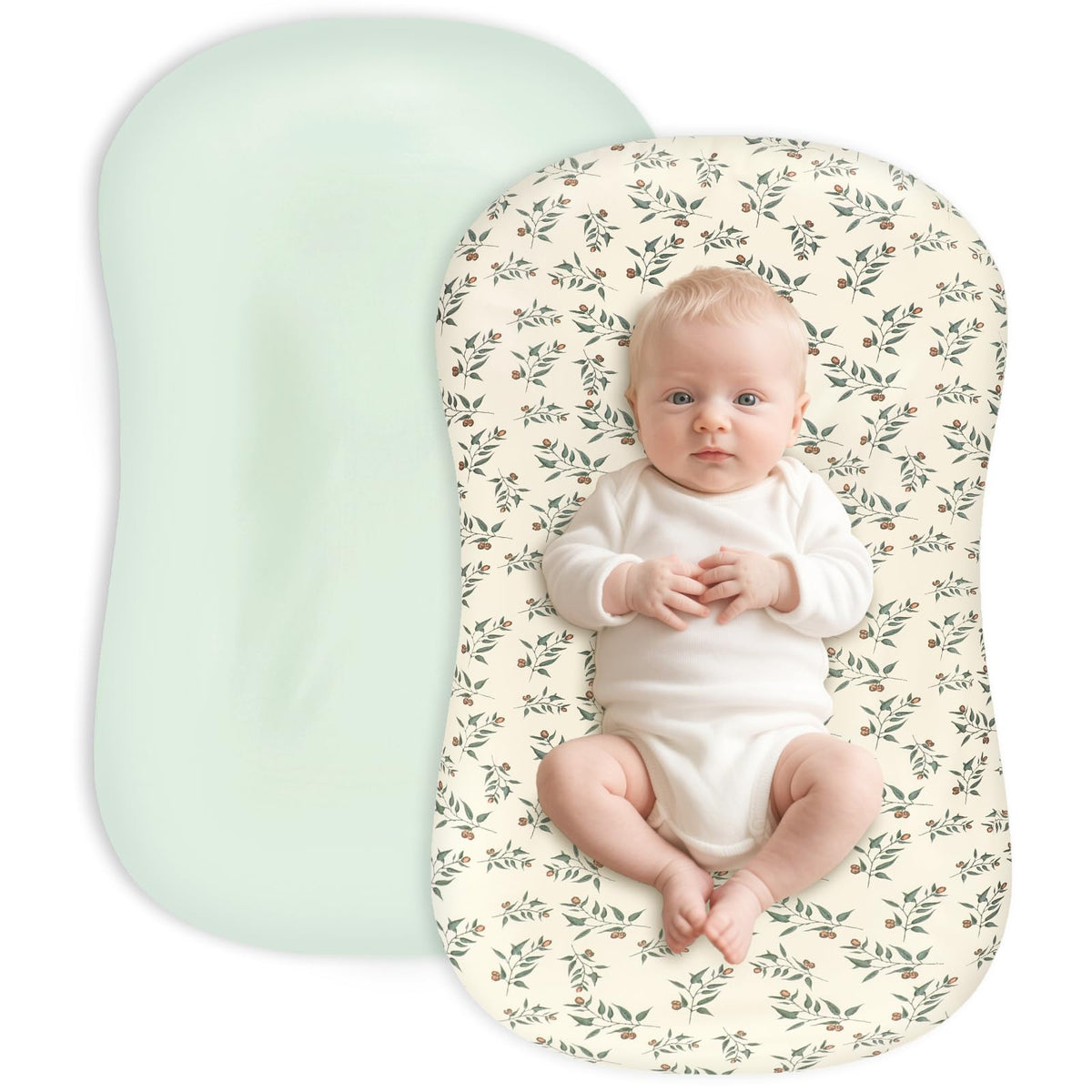 Hooyax baby lounger cover with green leaf pattern offering cozy skin-friendly comfort.