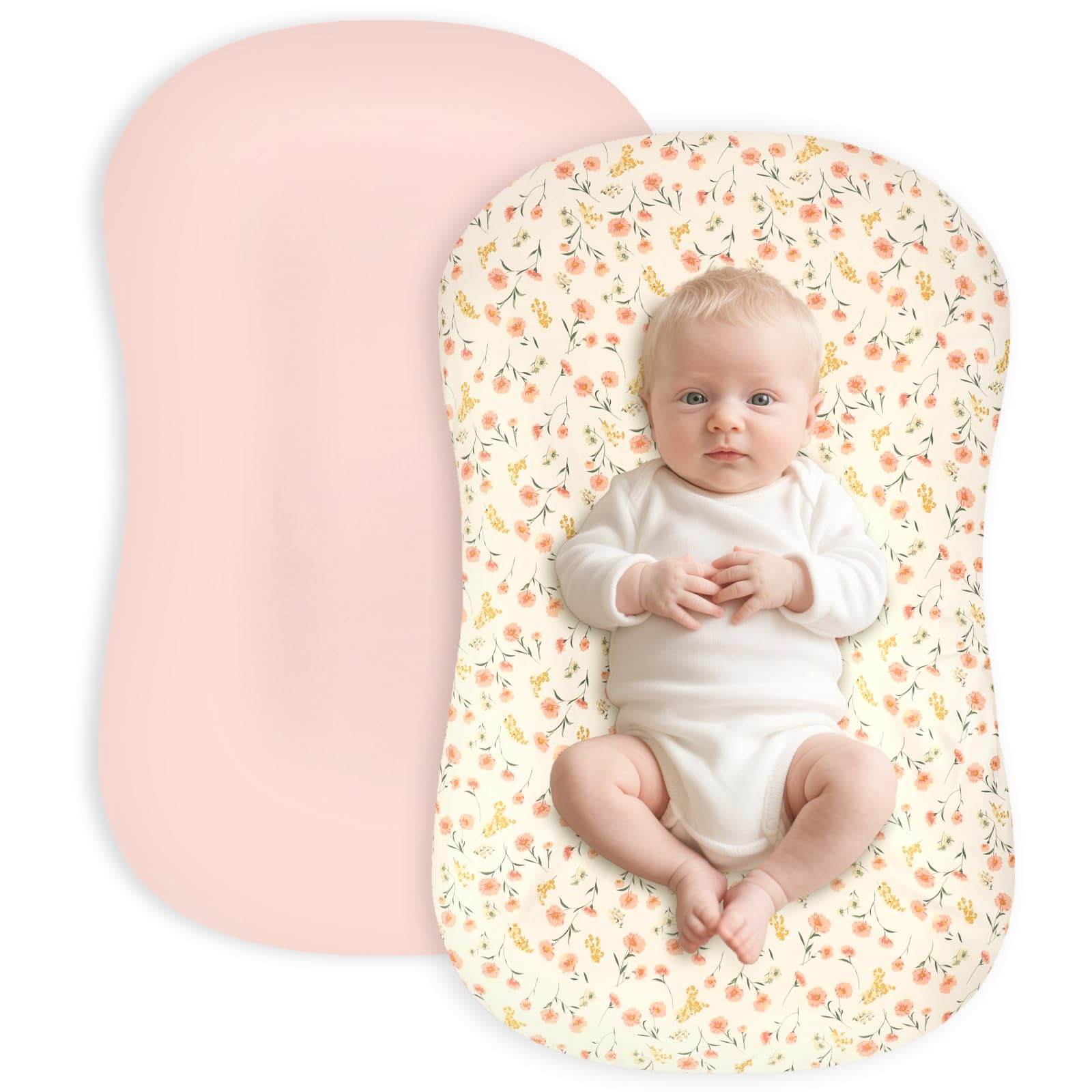 Hooyax baby lounger cover pink flower front view showcases a cozy, secure fit.