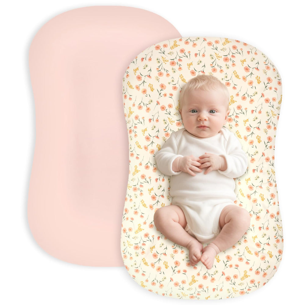 Hooyax baby lounger cover pink flower front view showcases a cozy, secure fit.