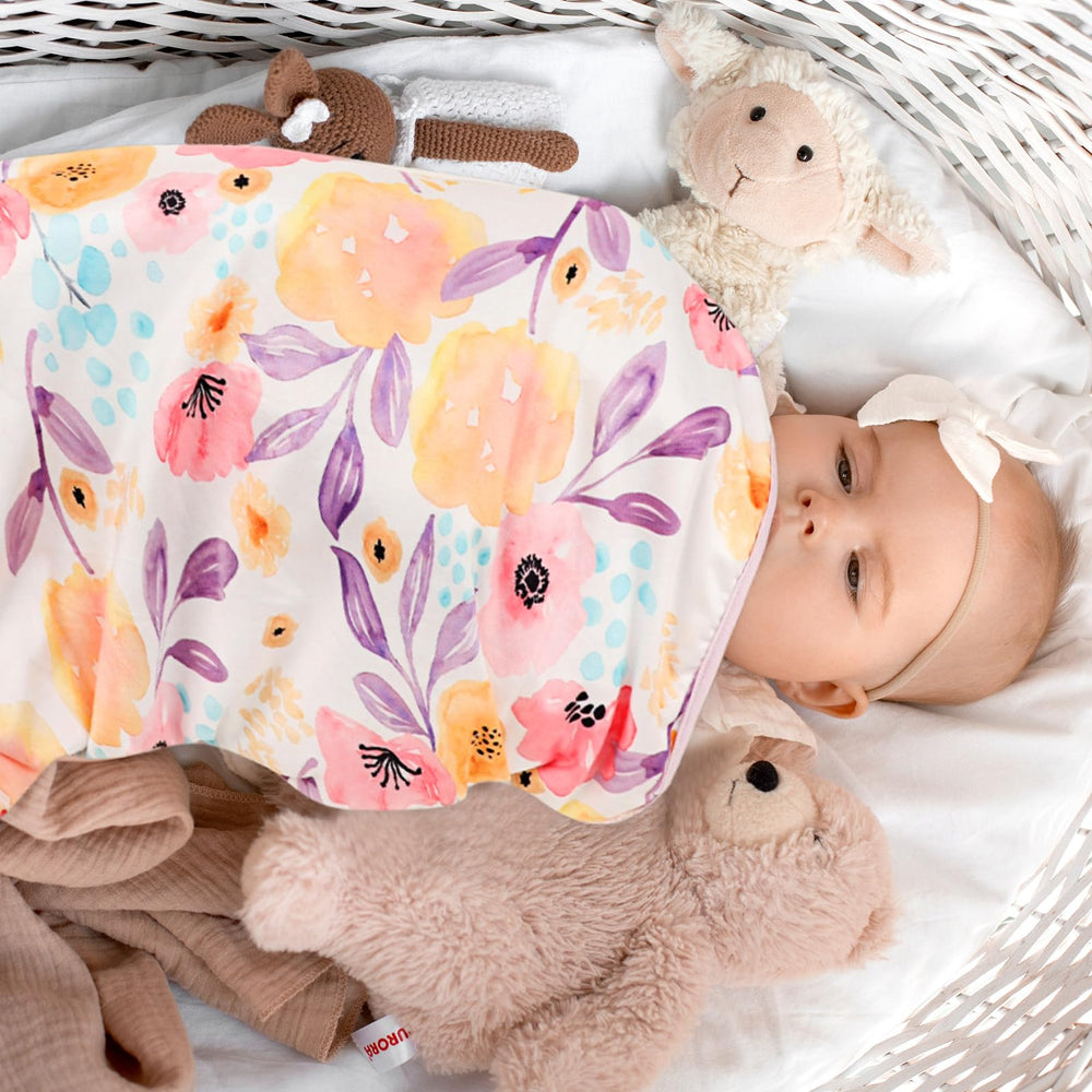 Hooyax baby swaddle blanket purple flower nursery decor — soothing design complements nursery theme.