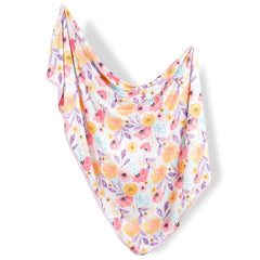 Hooyax baby swaddle blanket purple flower front view — soft, breathable knit for cozy swaddling.