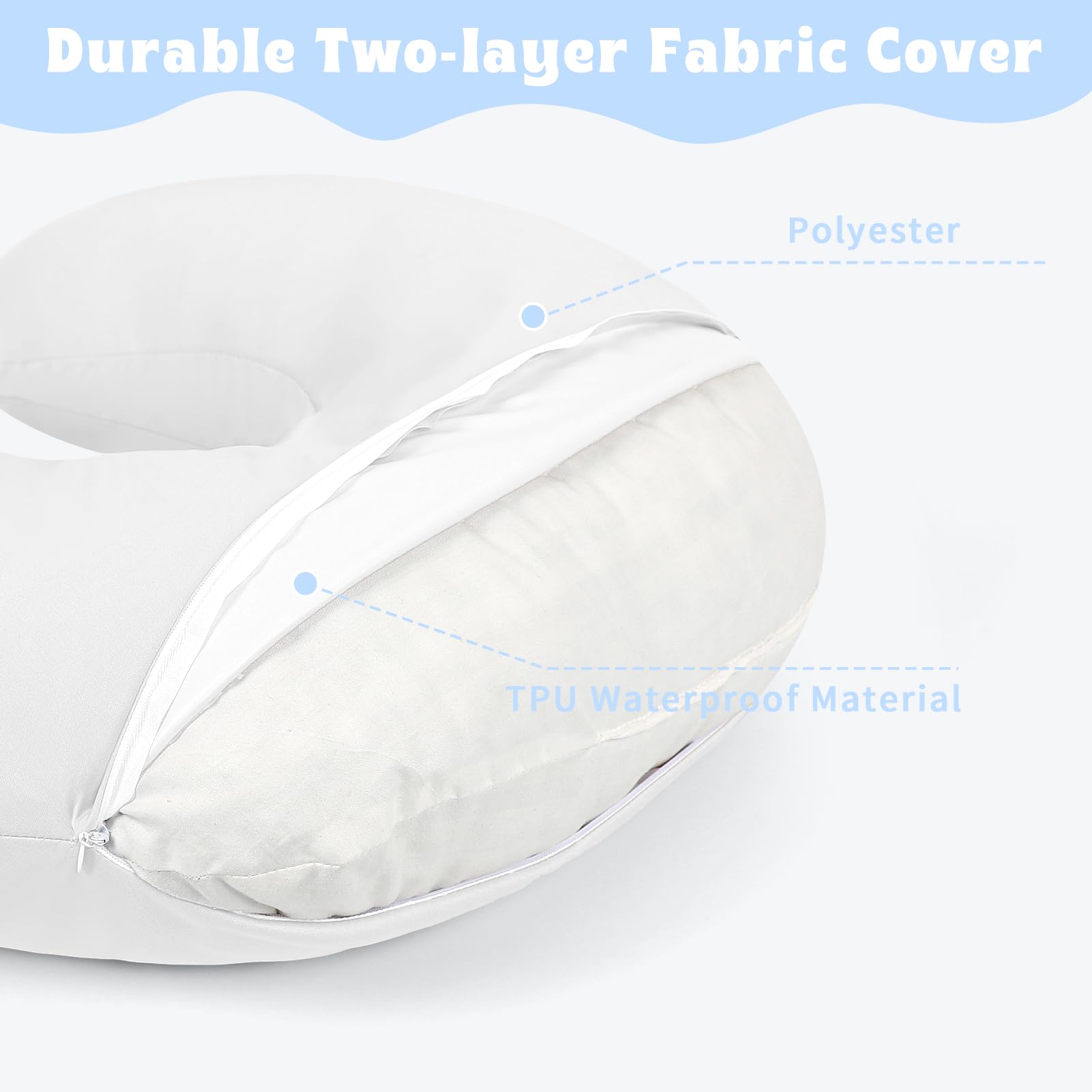 Hooyax Baby Waterproof Nursing Pillow Cover stretchy fit shown on pillow for easy slip-on.
