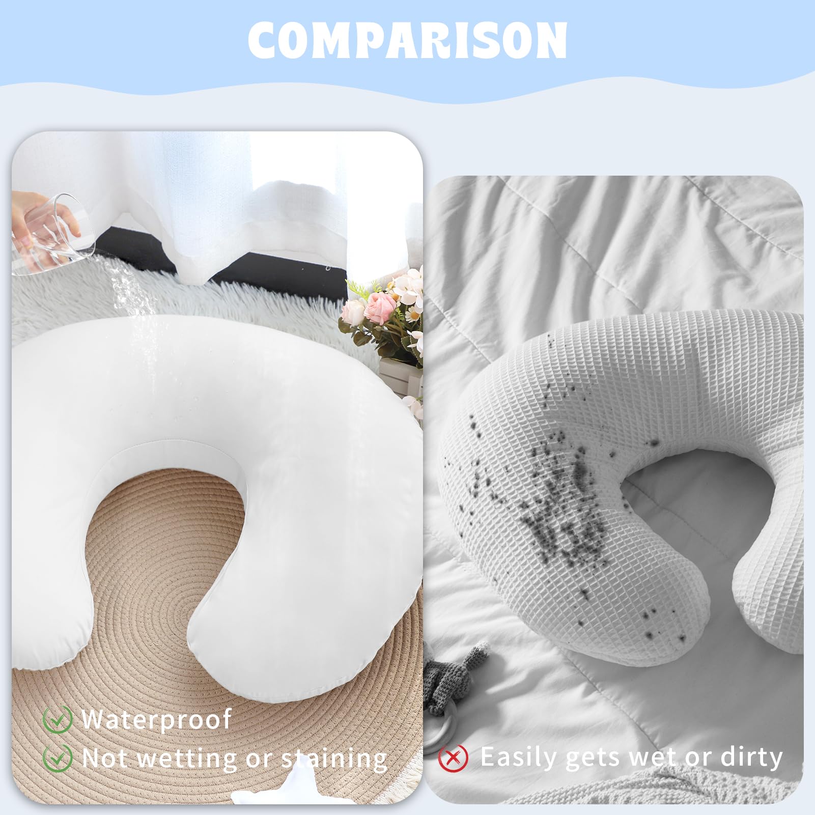 Hooyax Baby Waterproof Nursing Pillow Cover universal fit shown with different pillows.