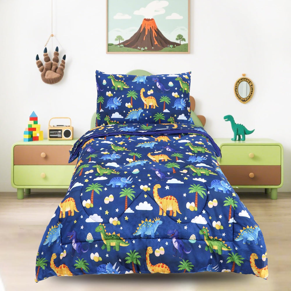 Hooyax dinosaur toddler bedding in a cozy bedroom scene for all-season comfort.