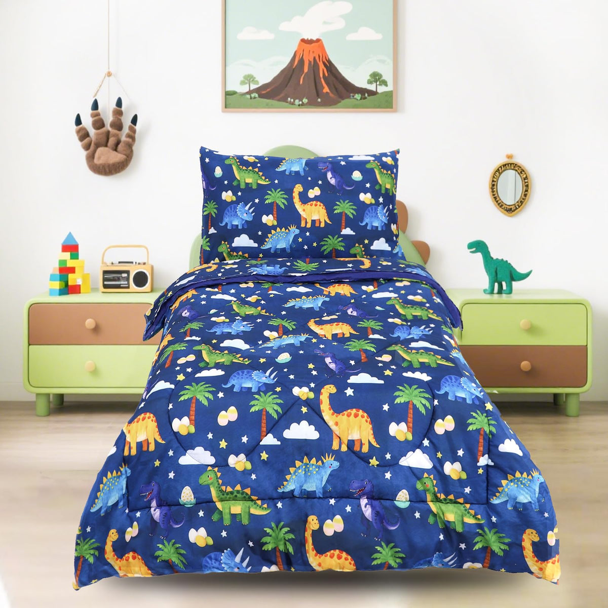 Hooyax dinosaur toddler bedding in a cozy bedroom scene for all-season comfort.