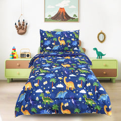 Hooyax dinosaur toddler bedding in a cozy bedroom scene for all-season comfort.