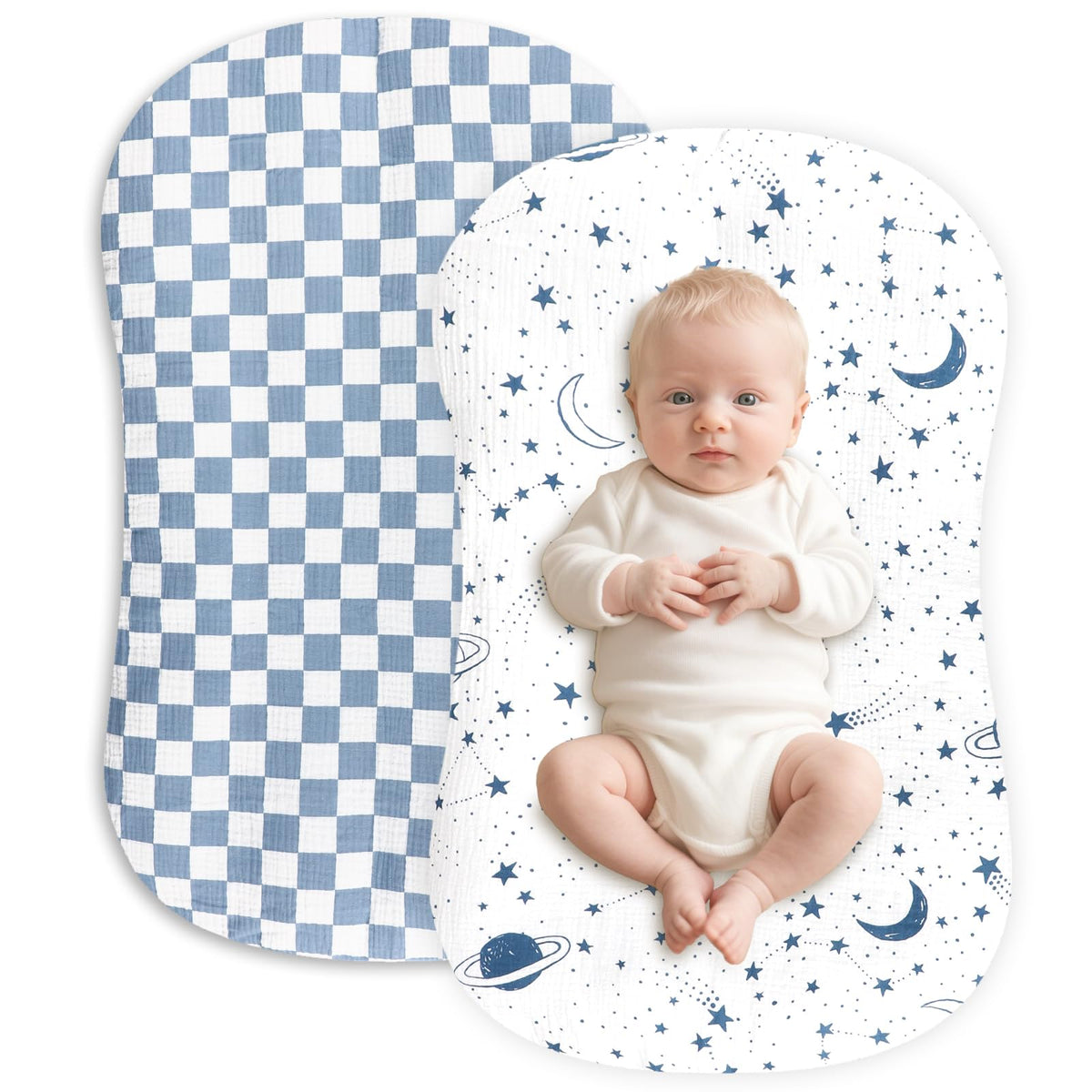 Hooyax muslin baby lounger cover in blue checker-star offers breathable comfort for newborn naps.
