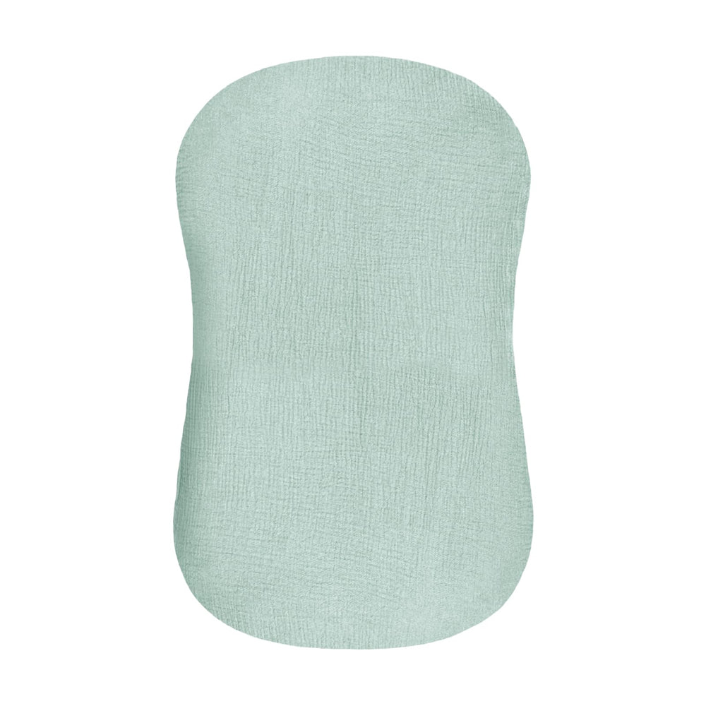 Hooyax muslin baby lounger cover blue-green closeup shows breathable cotton for infant comfort.