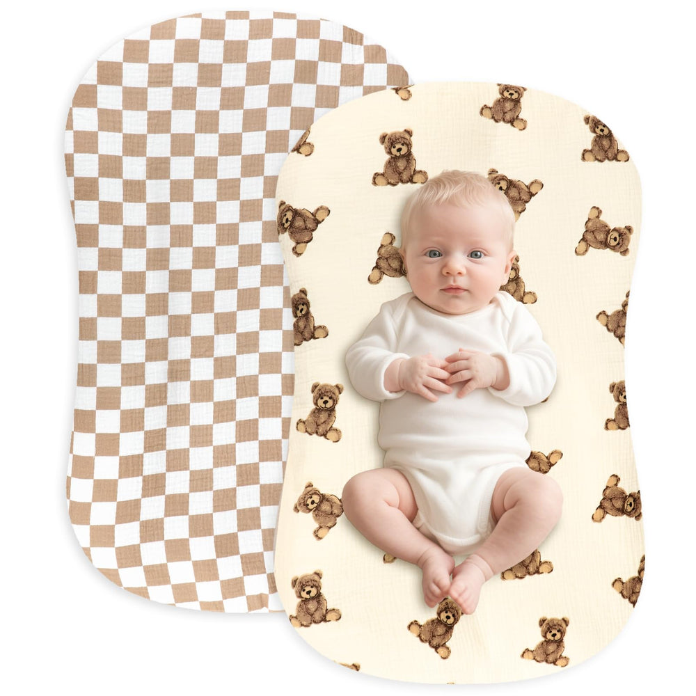 Hooyax muslin baby lounger cover coffee checker close-up shows breathable cotton for comfort.