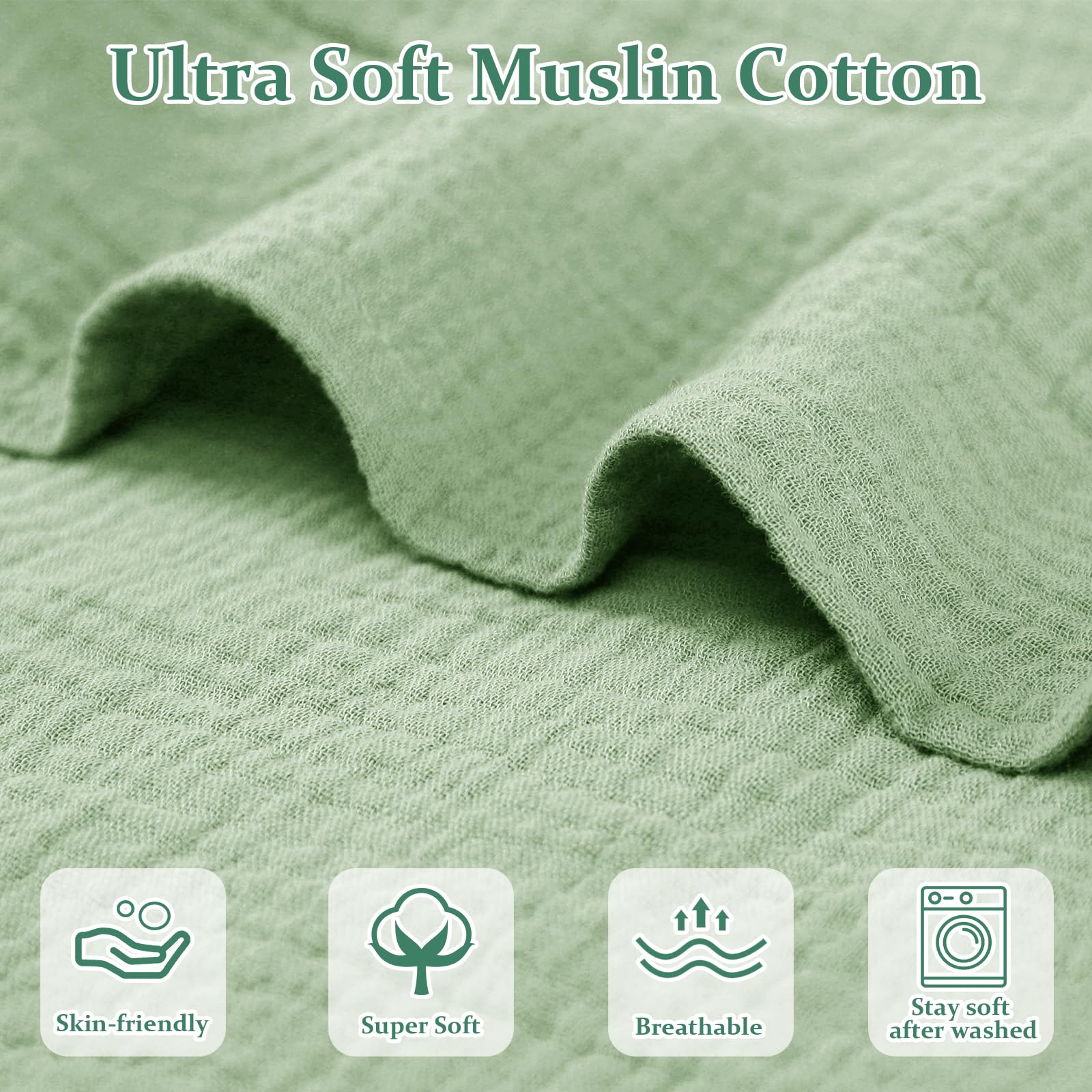 Hooyax muslin baby lounger cover green closeup highlights airy weave and gentle texture.
