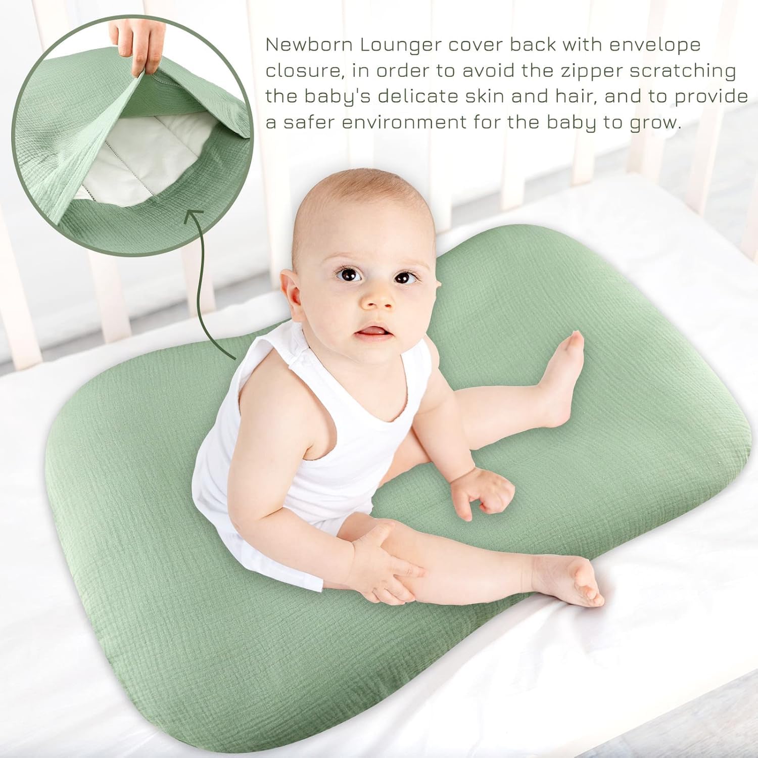 Hooyax muslin baby lounger cover green envelope-closure demonstrates quick secure fit.