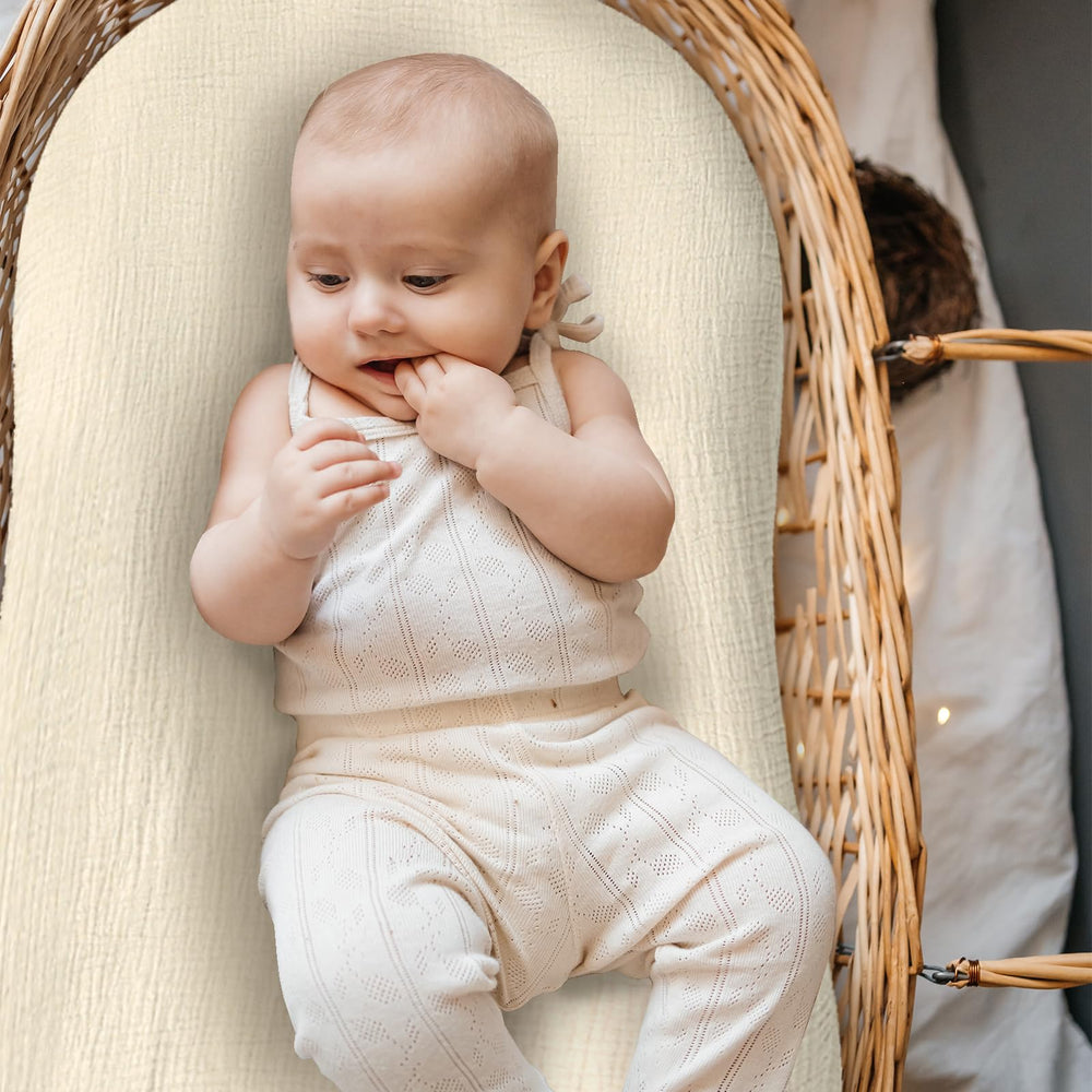 Hooyax Muslin Baby Lounger Cover two-pack in wheat color showcases versatile styling.