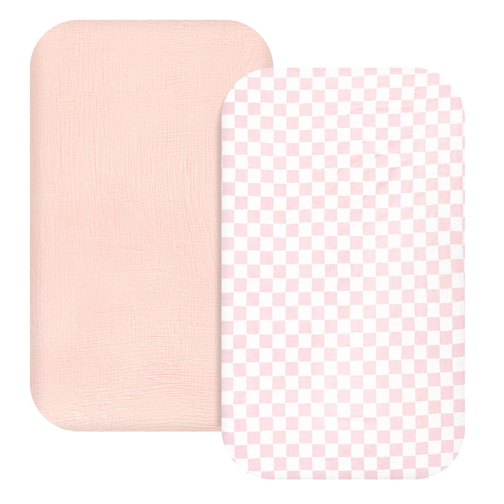 Hooyax pink checkered muslin bassinet sheet offers cozy, breathable comfort.