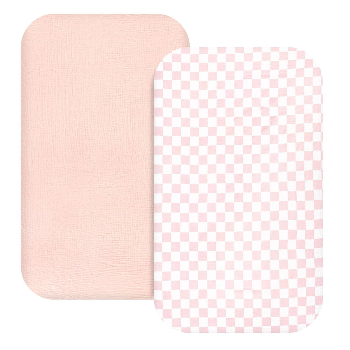 Hooyax pink checkered muslin bassinet sheet offers cozy, breathable comfort.